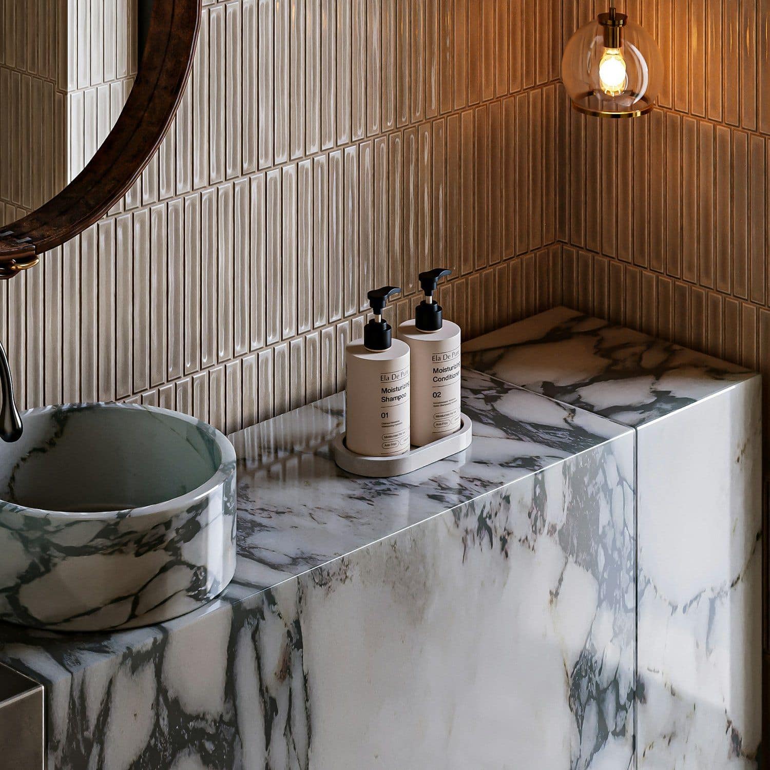 Spa-inspired bathroom with custom vanity and high-end tile